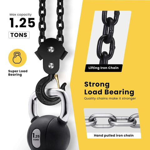 Black 1.25-ton lifting hand chain with hook and iron chain, showcasing strong load bearing for industrial use.