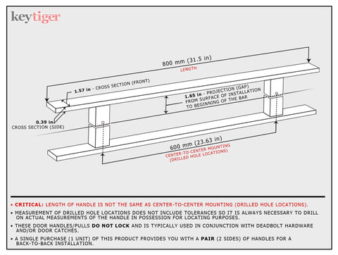 Diagram of 32 Inch Two Sided Stainless Steel Modern Entry Door Handles Matte Black Painted Finish External Internal Pull Push Bar