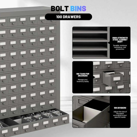 100 Drawer Metal Storage Cabinet for Nuts Bolts and Tools, heavy duty gray parts organizer with labeled drawer bins and shelves.