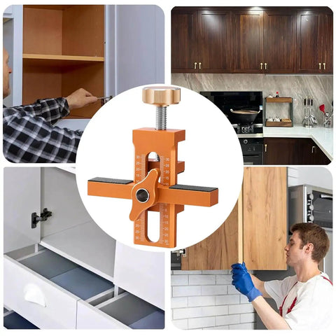 2 In 1 Cabinet Door Installation Jig With Adjustable Positioner, pro grade aluminum alloy mounting tool, precise scales, orange.