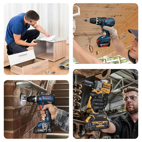 People using power drills for furniture assembly, wall drilling, and mechanical work in various home and industrial settings.