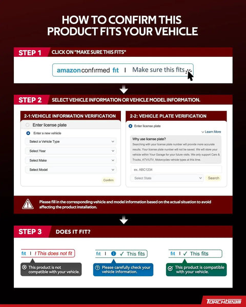 Guide on confirming product fit for your vehicle with Amazon's verification steps, including entering vehicle info and checking compatibility.