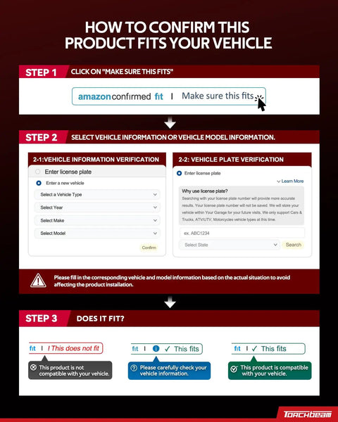 Instructions to confirm product fit for vehicle on Amazon, including license plate entry and vehicle model verification steps