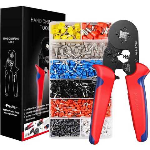 Ferrule Crimping Tool Kit With 1200 Insulated Terminals, Self Adjusting Ratchet Crimp Tool, Crimping Plier Set displayed with case