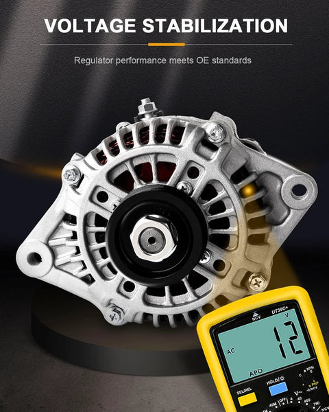 Front view of Plug And Play Alternator Replacement For Mazda Protege 1999 2000 2001 2002 2003 And Protege5 2002 2003 High Output Direct Fit Unit Ready To Install 13719 Durable Tested For Quick Install with voltage reading