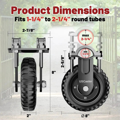 Heavy Duty Gate Wheel For Metal Gates And Fences, Eight Inch Gate Caster Fits One And A Quarter To Two And A Quarter Inch Outer Diameter, Anti Slip Rubber Tread, Galvanized Wheel Surface For Corrosion Resistance, 550 Lb Capacity, Black, One Pack, side view with dimensions