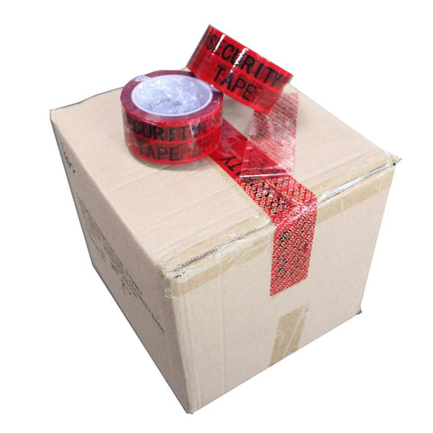 TamperSeals Group red tamper-evident security packing tape on cardboard box; 2-inch x 55-yard, 2 mil, void film