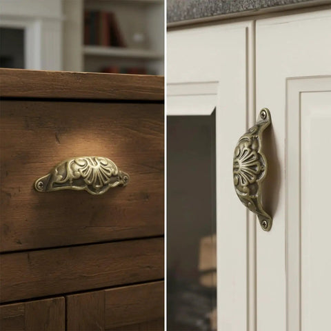 Set Of 10 Cup Pull Handles Shell Shape With Mounting Screws For Cabinets Cupboards Drawers And Dressers In Antique Brass Zinc Alloy