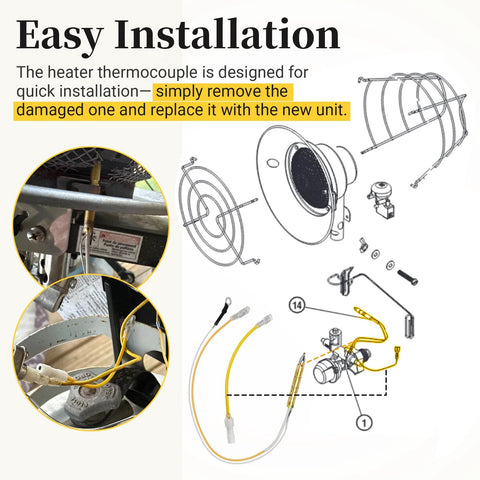 Propane tank-top heater thermocouple safety assembly with tip-over switch and yellow wiring, installation diagram.