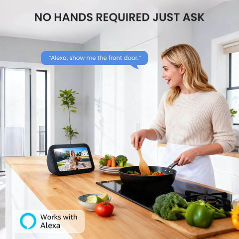 Woman in kitchen using Alexa to view 2K Wireless Doorbell Camera With Adjustable Mount No Monthly Fee Local SD Storage Real-Time Alerts