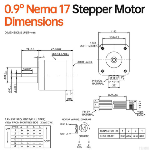 0.9 Degree Nema 17 Stepper Motor 2 Phase High Torque Bipolar 1.3A 2.5 Ohm 42x48mm 4 Lead Shaft dimensions diagram