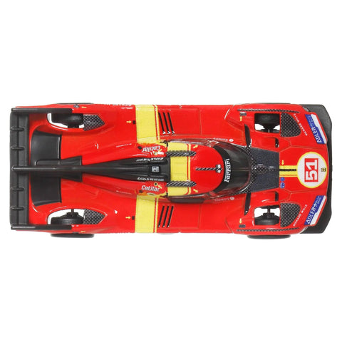 Top view of Premium Car Culture 1:64 Die-Cast Ferrari 499P Collectible with Real Riders tires, metal body, AF Corse livery.