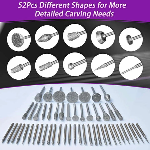 Do It All 52 Piece Diamond Grinding Bits Kit For Rotary Tools 1 8 Inch Shank Dremel Compatible Stone Glass Ceramic Carving Polishing And Grinding Includes Spherical Conical Cylindrical Teardrop And More shown with various shapes displayed above the kit components