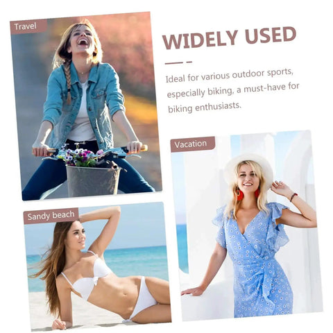 Collage of women enjoying outdoor activities: cycling, sunbathing on beach, and relaxing on vacation.