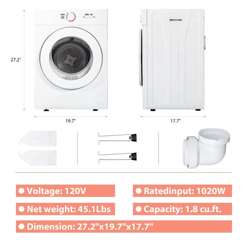 Compact 1.8 Cu Ft Portable Clothes Dryer With Exhaust Duct And Stainless Liner front and side view, dimensions shown