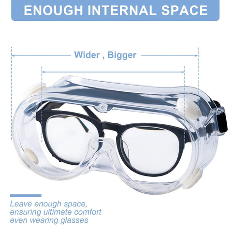 Anti Fog Safety Goggles Over Glasses For Lab Woodworking Painting 2 Pack showing spacious over-glass design.