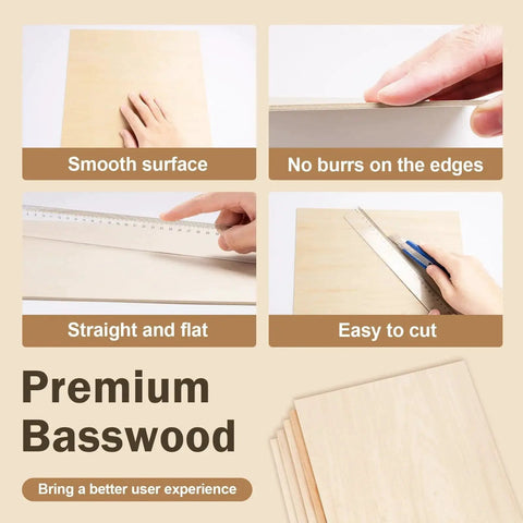 Person handling 55 Pack Basswood Sheets For Crafts 12x12 Inch Unfinished Squares 2mm Thick Plywood For Laser Cutting And Wood Burning Architectural Models Staining And DIY Projects With Smooth Surfaces MITINU, showing smooth edges and cutting with ruler.