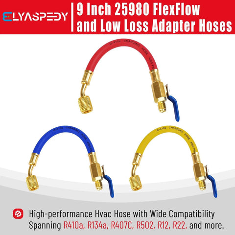 Upgrade Version 25980 One Quarter Inch Internal Diameter Refrigerant Hose Set with FlexFlow Low Loss Adapters, Red Yellow Blue