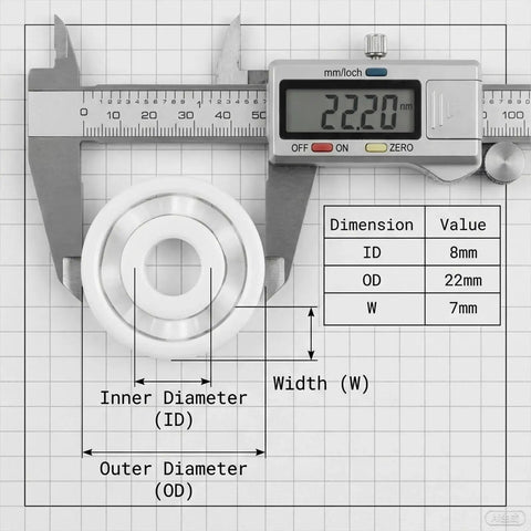 Two Pack 608 Zirconia Full Ceramic Bearings with 8mm ID, 22mm OD, 7mm thick shown with caliper measurement.