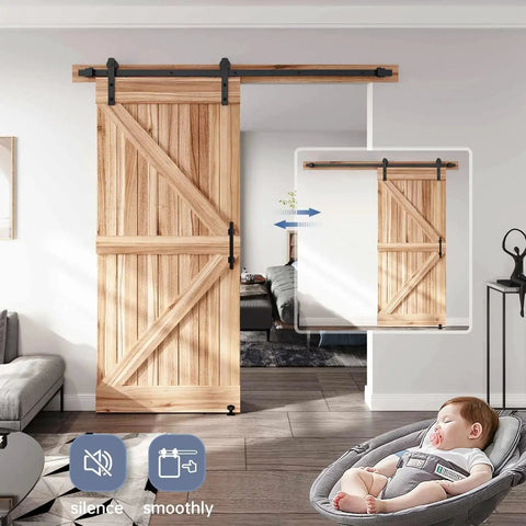 Sliding Barn Door Track And Handle Hardware Kit With Straight Pulley For Smooth Quiet Operation And Easy Installation, 6 ft track kit in modern room