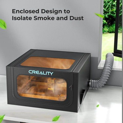 Laser Engraver Enclosure 2.0 With Vent Fireproof And Dustproof Protective Cover 28.3 Inches Wide By 28.3 Inches Deep By 15.7 Inches High Includes Vent Fan And Pipe Fits Most Laser Engravers Keeps Smoke Odor And Noise Down, shown in metal construction with venting pipe attached, containing smoke inside.