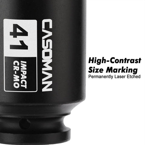 Close-up of a Three Quarter Inch Drive Deep Impact Socket 41 Millimeter Jumbo Metric Six Point Chrome Molybdenum Steel Black Phosphate Finish