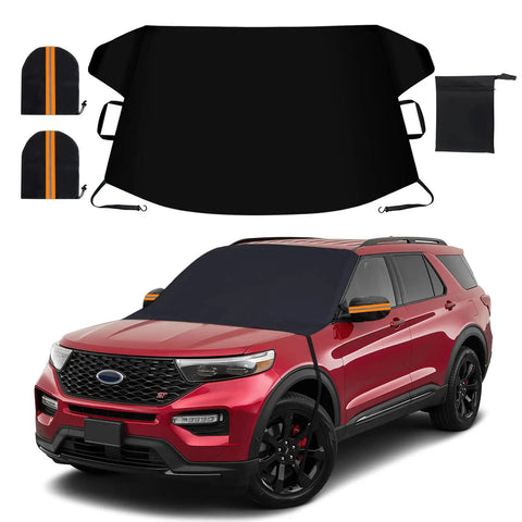 All Weather 75x47 Inch Windshield Cover For Ice Snow Rain Waterproof With Side Mirror Protection Fits Most Cars SUVs Vans Thick 600D Oxford Fabric PVC Lining installed on a red SUV.