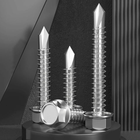 150-piece stainless steel self-drilling screws; hex washer heads for sheet metal, lengths 1/2–1-1/2 in.