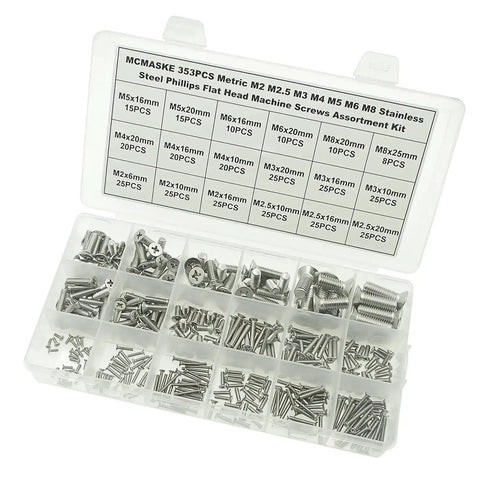 Grab-And-Go Pro Grade 304 Stainless Steel Phillips Flat Head Machine Screws Set, Assorted M2 to M8, 353 Pieces in Organizer Box