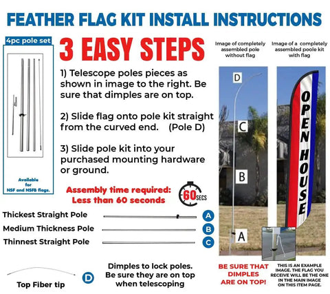 Instruction diagram for assembling Open House Feather Flag Banner Kit with 15 Ft Pole System, ground stakes, and travel bag.