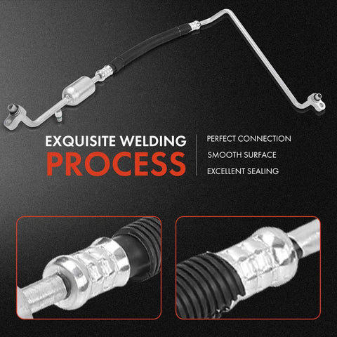 Automotive A/C discharge line hose assembly with metal fittings and rubber boot, front view and close-ups