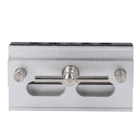 Front view of Self Centering Doweling Jig Kit With Adjustable Width Drilling Guide And Six Bushings for Pro Grade Wood Joinery, silver finish.