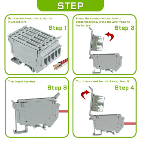 LED Indication Fuse Holder Terminal Block for DIN Rail 24V DC Screw Clamp installation steps with universal mounting feet.