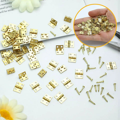 100 Pack Mini Brass Hinges For Jewelry Boxes And Small Cabinets, 180 Degree Rotation Gold Butt Hinges scattered with screws