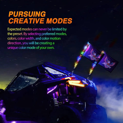 2 Pack 2 Foot RGB LED Whip Light Kit With Bluetooth App Control And Remote DIY Chasing Modes on ATV at night