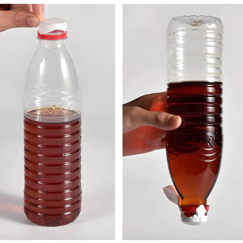 Two views of a plastic bottle filled with dark liquid, one upright and one inverted, with a hand holding the bottle.