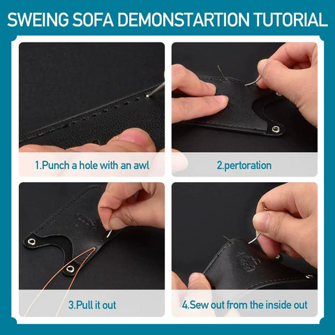 Tutorial showing steps of using extra strong upholstery repair sewing thread kit with heavy duty hand needles on black fabric