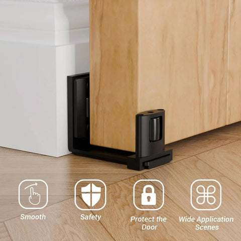 Sliding Barn Door Floor Guide With Adjustable Roller, U-Shape Flexible Flush Design, Wall Mounted Black, Dual-Sided Pulleys