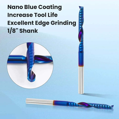 10 Pack O Flute CNC Router Bits For Fast Engraving And Milling HQMaster Pro Grade One Eighth Inch Shank Spiral Upcut Single Flute End Mills Tungsten Carbide Engraving Tool For MDF Acrylic PVC Wood Board with nano blue coating.