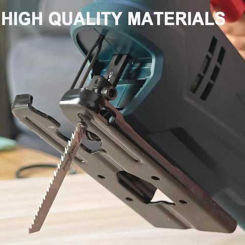 Close-up of a jigsaw with a blade installed from the 30-Piece Jigsaw Blades Set For Wood Metal And Plastic Cutting By Craluuur.