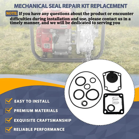 Diagram and text of Pro Grade Mechanical Seal Repair Kit for Predator 212cc Water Pumps, installation and feature highlights shown