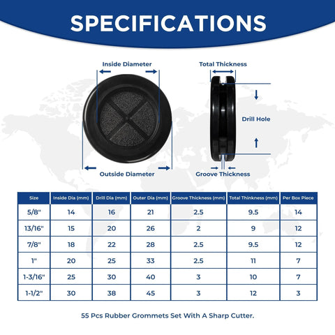Specifications of 55 Pcs Rubber Grommets Kit with six assorted sizes, including dimensions and thickness, for wiring protection.