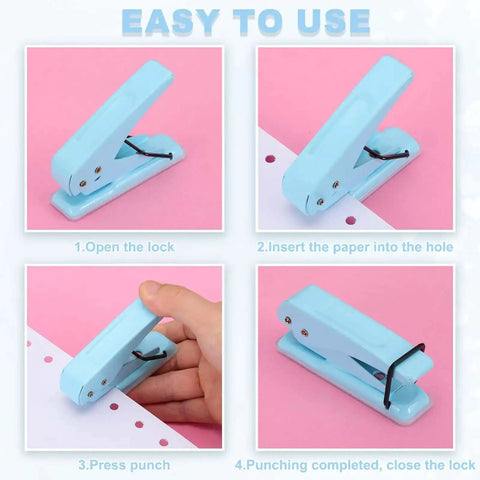 One Quarter Inch Hole Punch Handheld Heavy Duty Metal Paper Punch For Tags DIY Projects Crafts Scrapbook Tickets Blue In Use