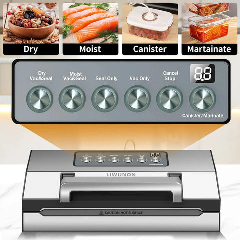 Upgraded Precision Fast Vacuum Sealer For Fresh Food Storage And Meal Prep Liwunon Stainless Steel Commercial Full Automatic Food Vacuum Sealer Machine With Double Heat Seal Built In Cutter And Bag Storage Includes 2 Bag Rolls And Hose, showing control panel and sealing modes