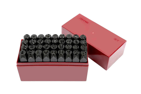 36 Piece Three Eighth Inch Steel Stamp Set With Case For Metal Leather Wood And Plastic Includes A To Z And 0 To 8 Plus Six Upside Down For Nine Drop Forged And Heat Treated 45 Steel product image showing stamps in case.