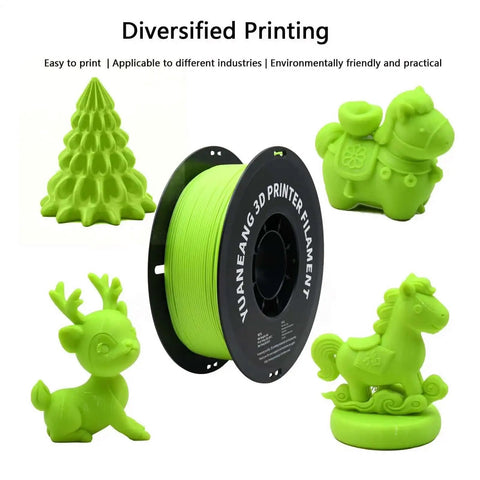 PetG Filament Mega Bundle 16 Color Set 1.75mm 1Kg Spools with green 3D printed figures, showcasing heat-resistant properties.