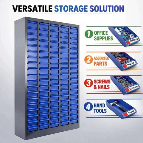 Heavy-Duty Alloy Steel Tool Storage Cabinet With 100 Drawers And Dividers, Nut And Bolt Organizer, shown storing various items.