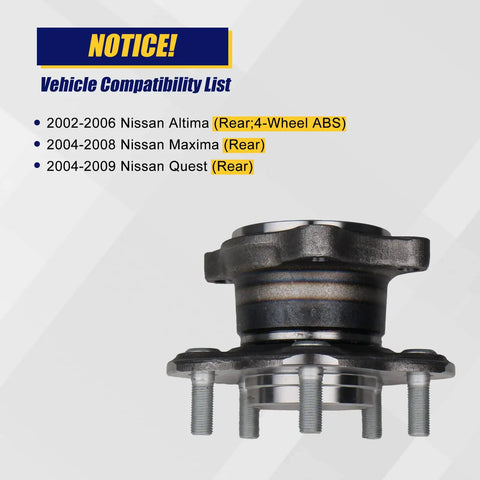 Beefed Up Rear Wheel Bearing And Hub Assembly 2 Pack For Nissan Altima 2002 2006 Quest 2004 2009 Maxima 2004 2008 5 Lug With ABS System Replacement Direct Fit, side view showing compatibility list.