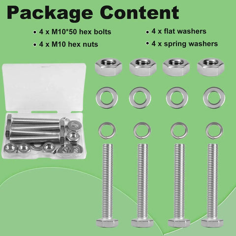 M10 Hex Bolts And Nuts Set With Flat And Spring Washers M10x50mm Fully Threaded Bolts And M10 Nuts 304 Stainless Steel