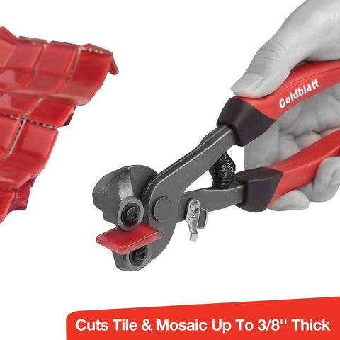 Two Piece Glass Tile Nippers Set With Heavy Duty Carbon Steel Nippers And Soft Grip Handles For Mosaic And Ceramic Tile Cutting Wheel Nipper Use By Goldblatt A Durable Drop Forged Tool Kit For Precise Shaping Curves And Fine Edges On Glass And Stone in use cutting red mosaic tile